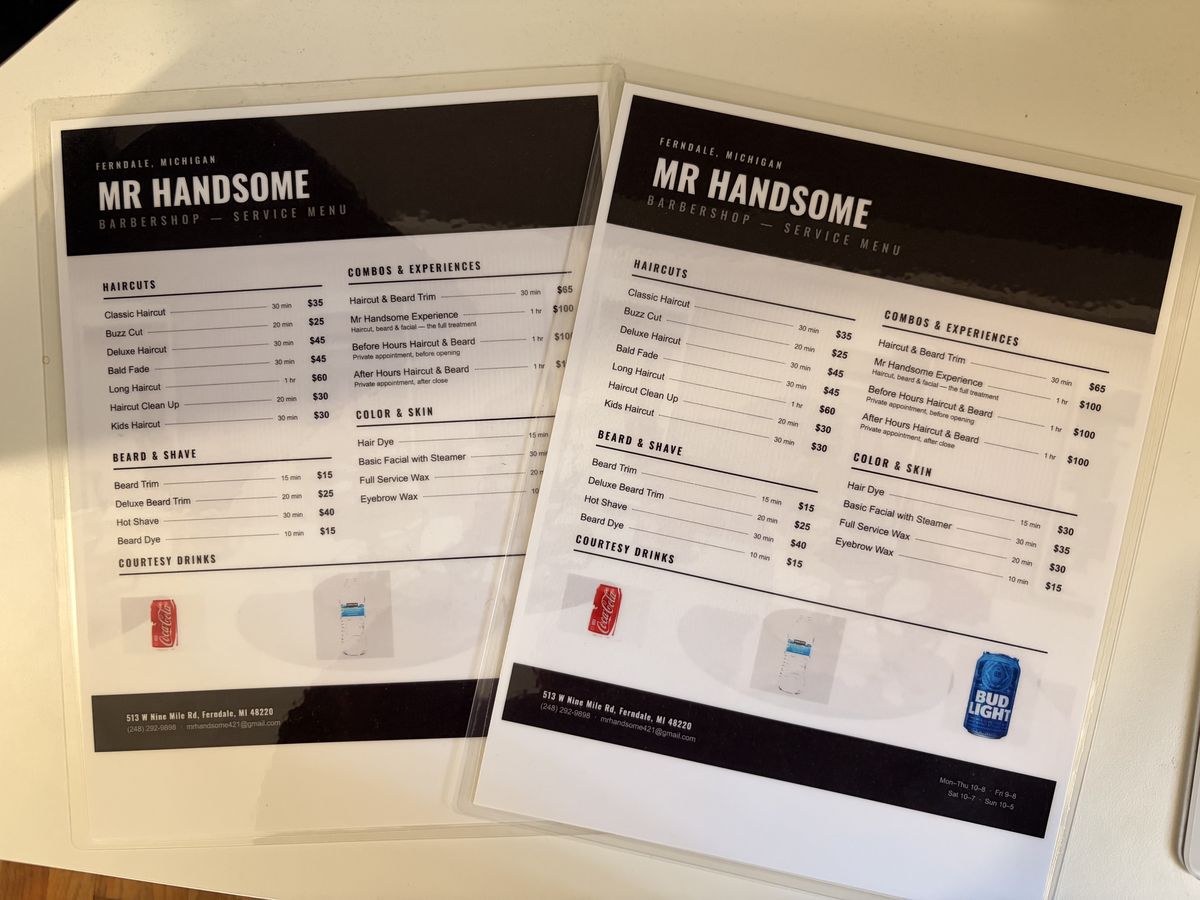 Service menus — Mr Handsome Barbershop